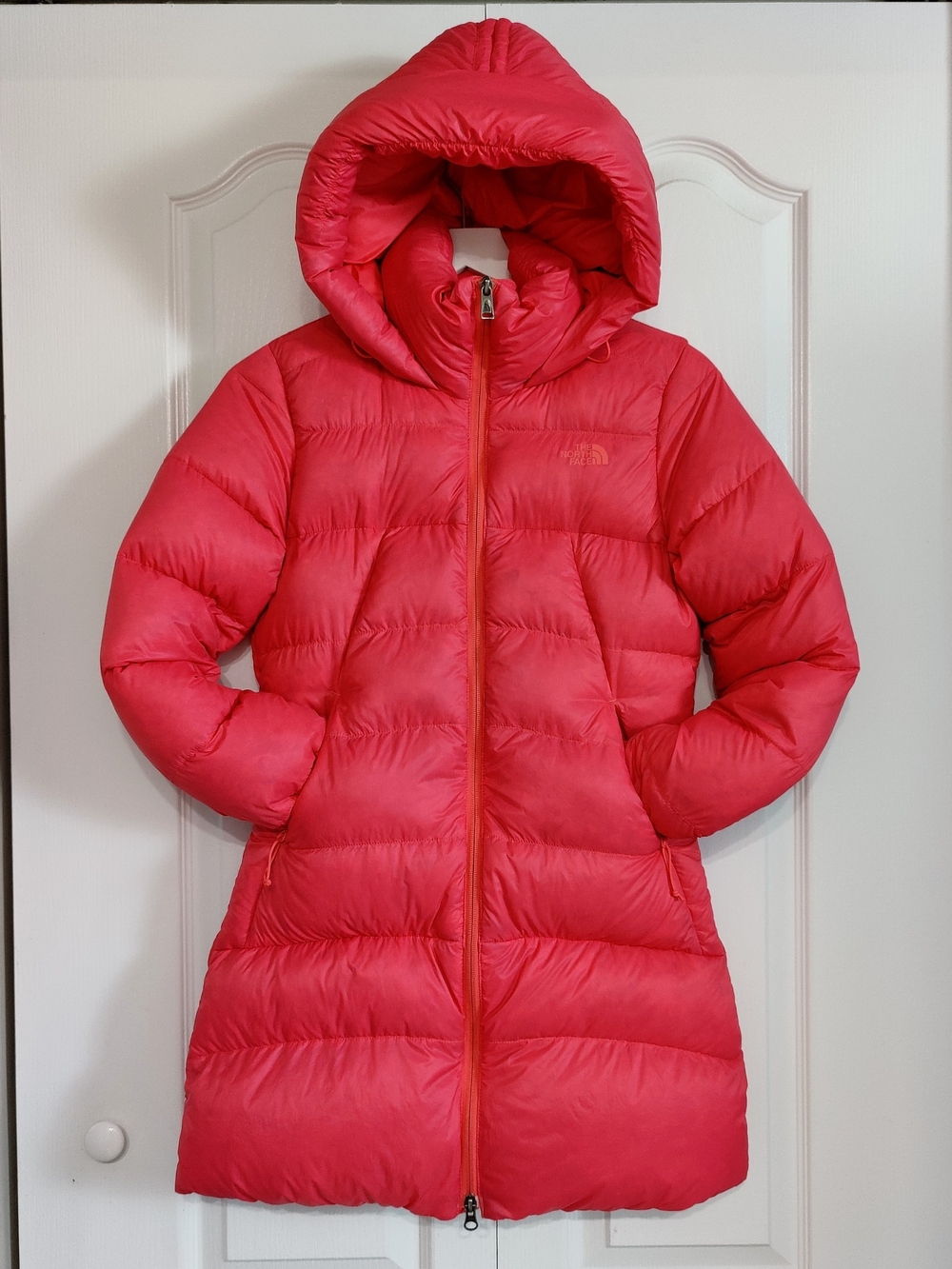 North Face Polar Journey Parka Hooded 550-Fill Down Coral Red Packable Women XS